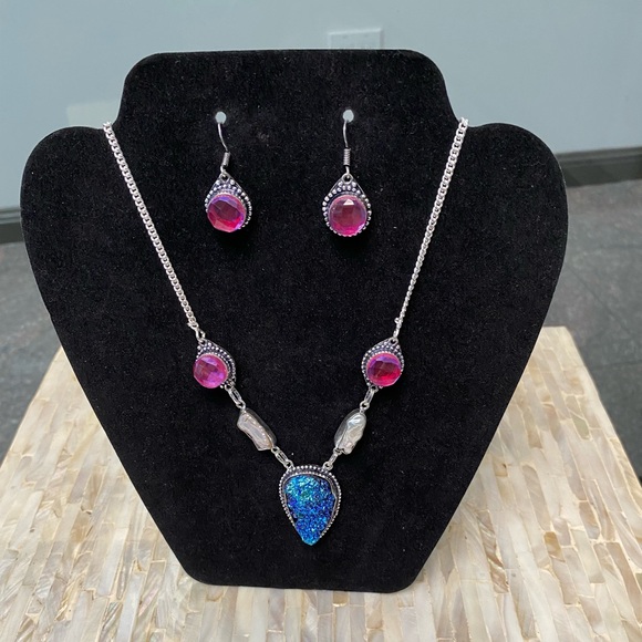 Titanium Druzy Biwa Pearl necklace and earrings. - Picture 1 of 3